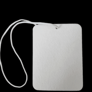 Blank white rectangular tag with a string for hanging.