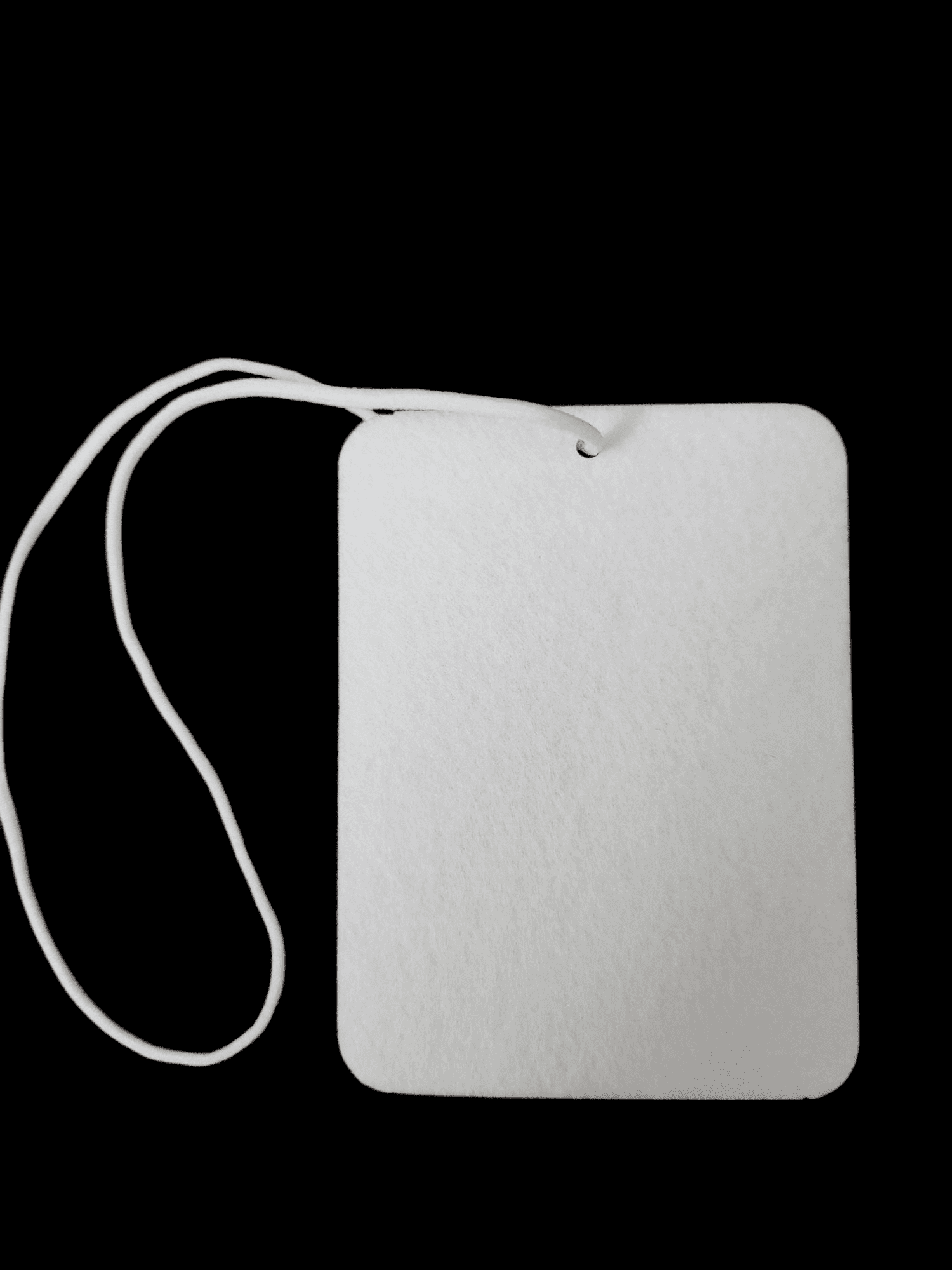 Blank white rectangular tag with a string for hanging.