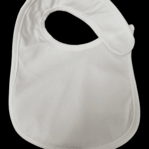 A plain white baby bib with a Velcro neck closure.