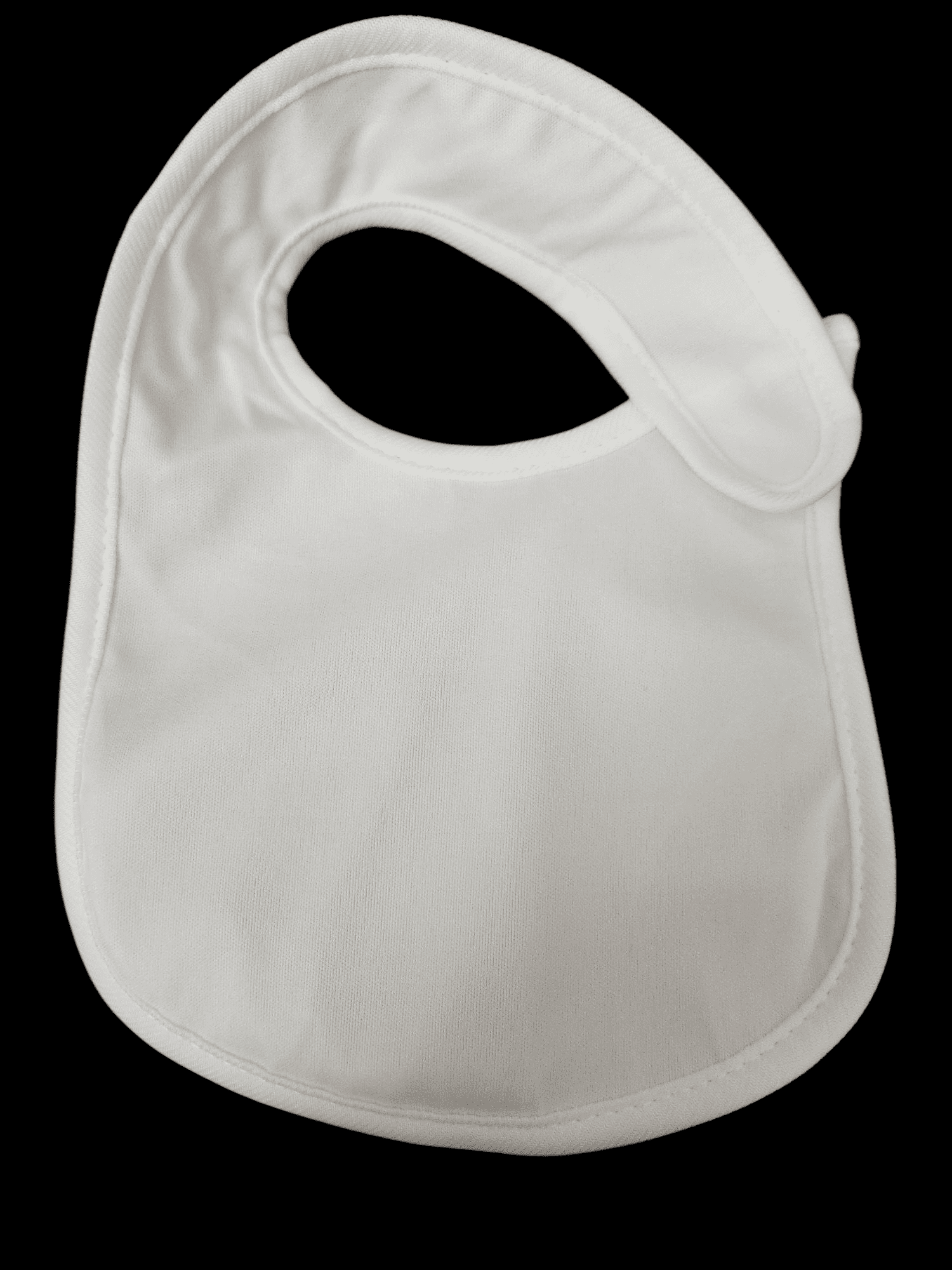 A plain white baby bib with a Velcro neck closure.