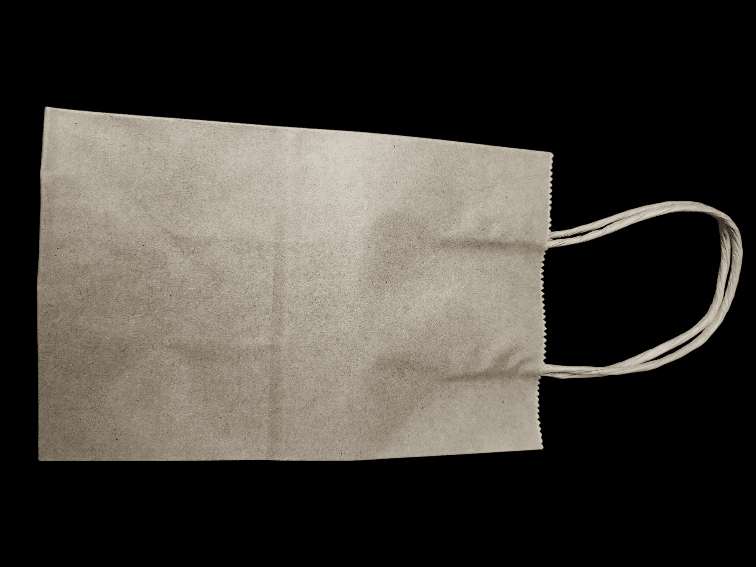 A plain brown paper bag with handles on a black background.