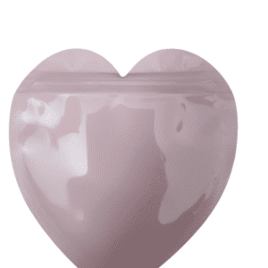 A heart-shaped, resealable pouch in a soft pink color.