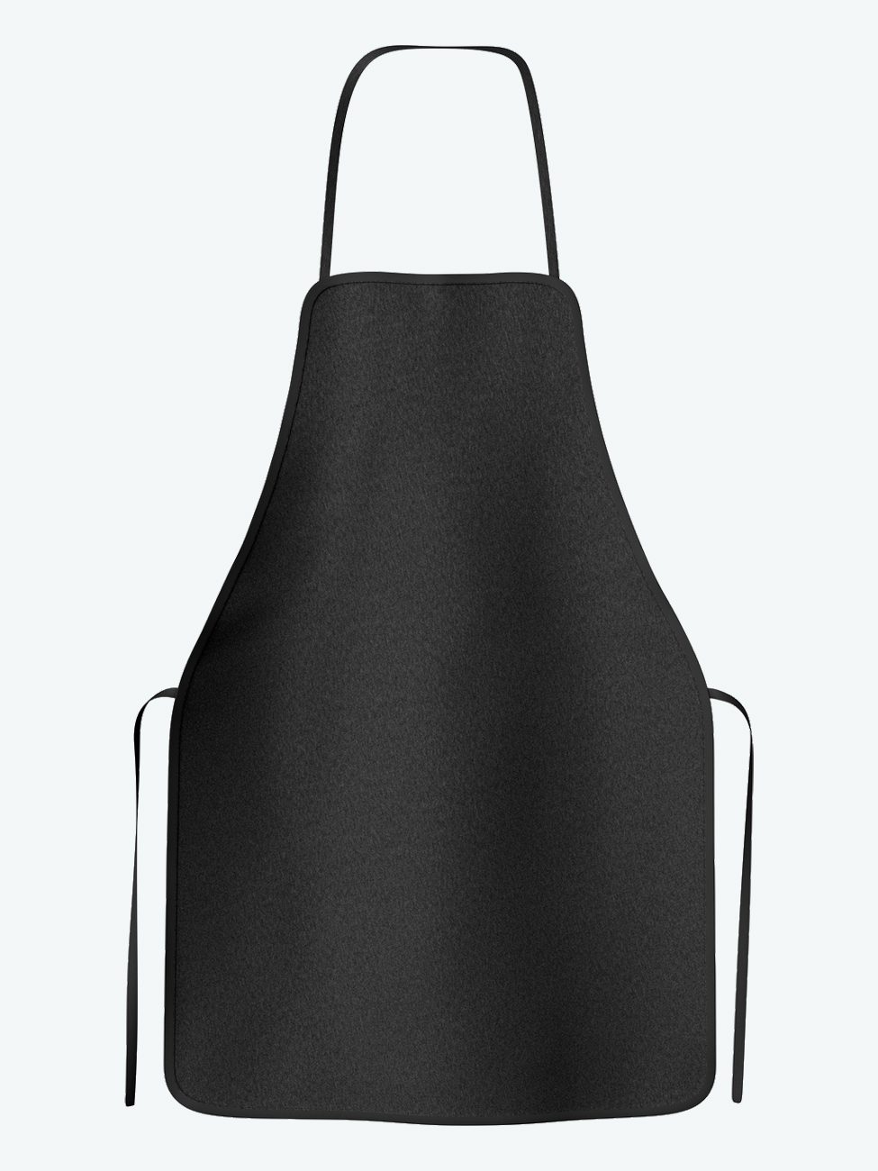 A plain black apron with neck and waist ties.