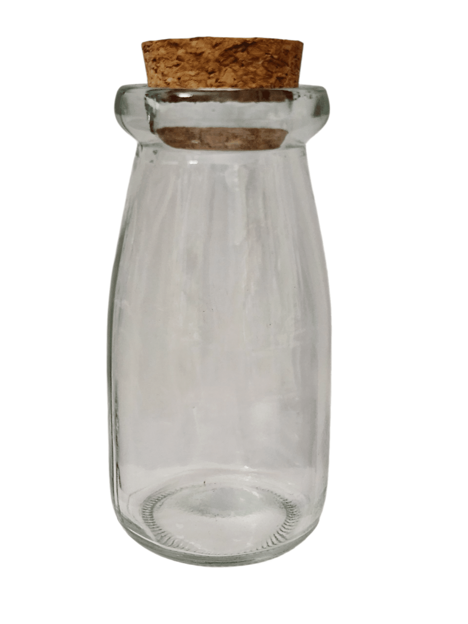 Clear glass bottle with a cork stopper.