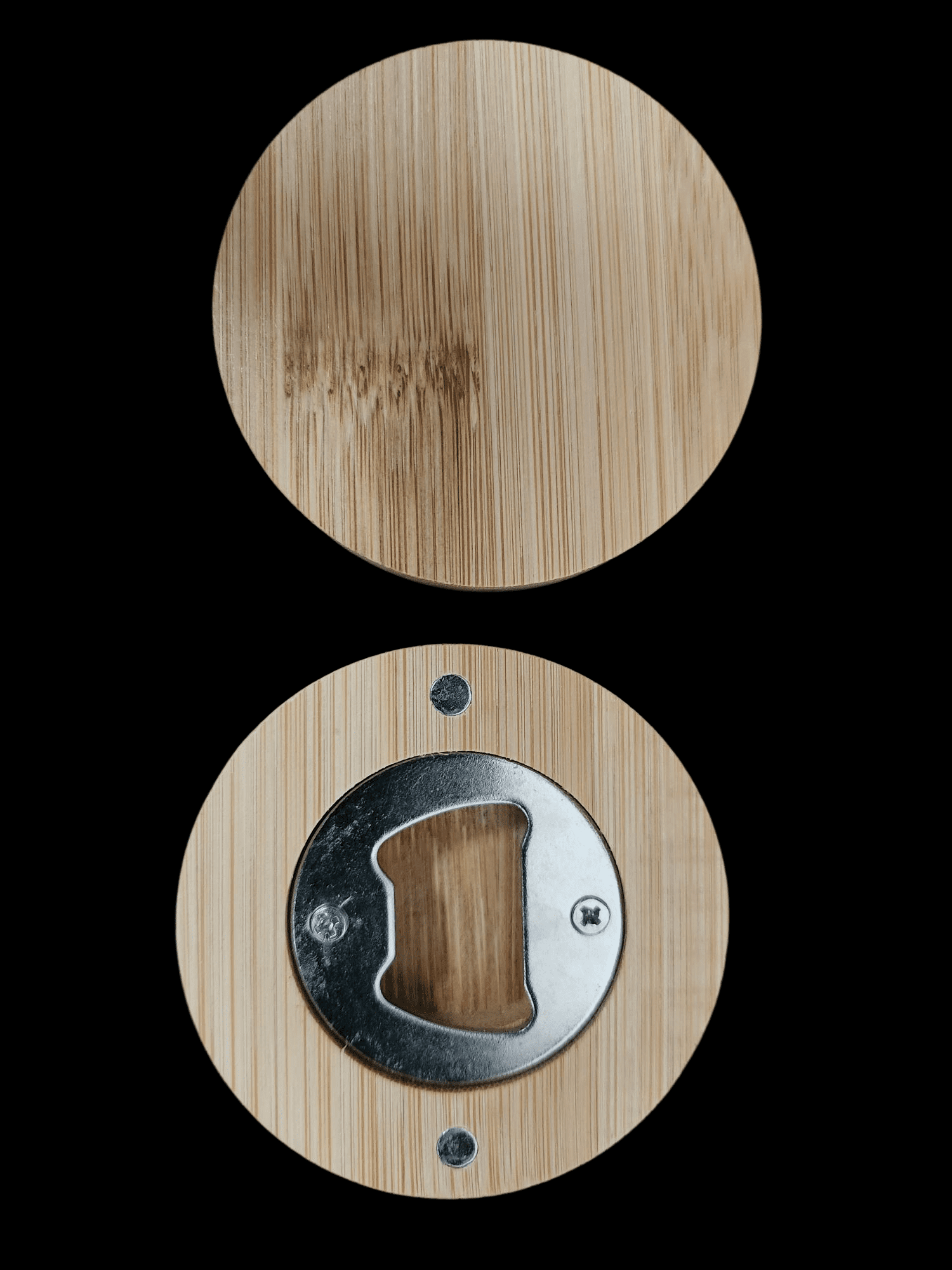 Wooden bottle opener embedded in a wooden surface.