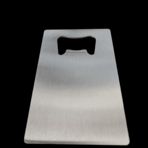 A metallic bottle opener with a simple rectangular design.