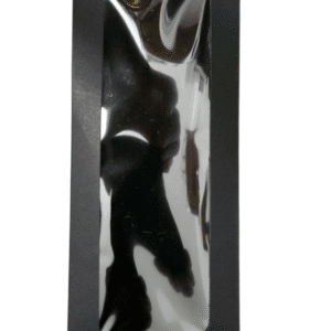 A shiny, reflective black sculpture with human-like shapes.