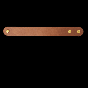 Brown leather strap with three gold rivets on black background.