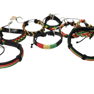 A collection of colorful woven bracelets with beads and adjustable cords.