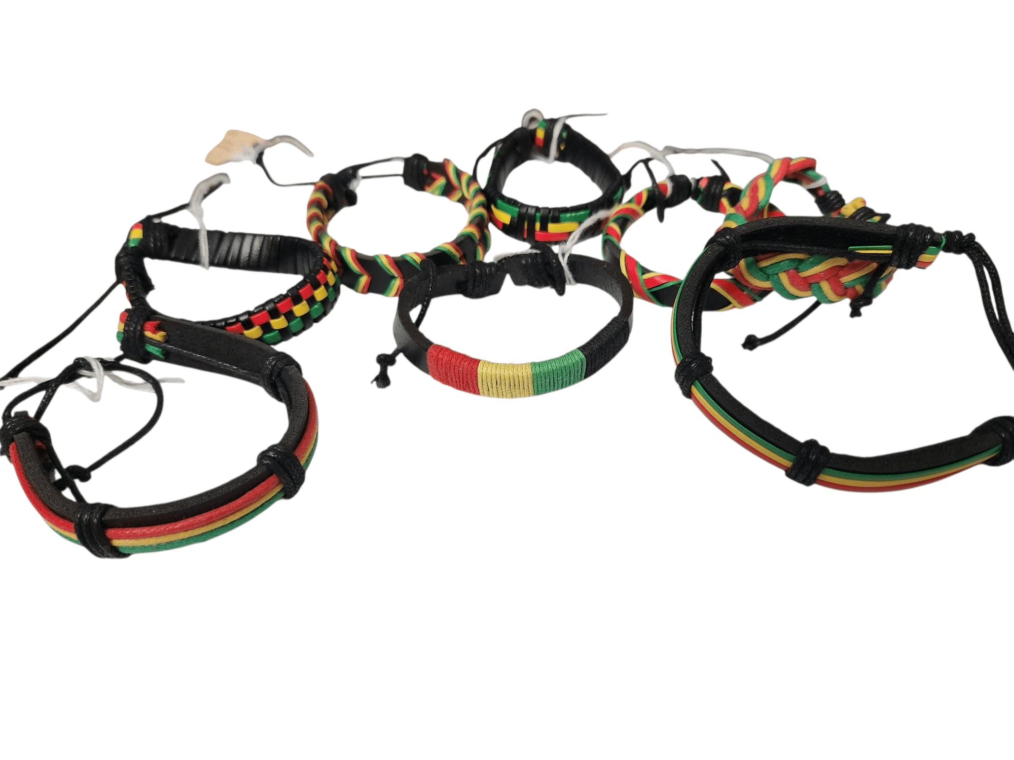 A collection of colorful woven bracelets with beads and adjustable cords.