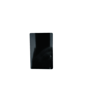 A sleek black smartphone with a reflective screen on a white background.