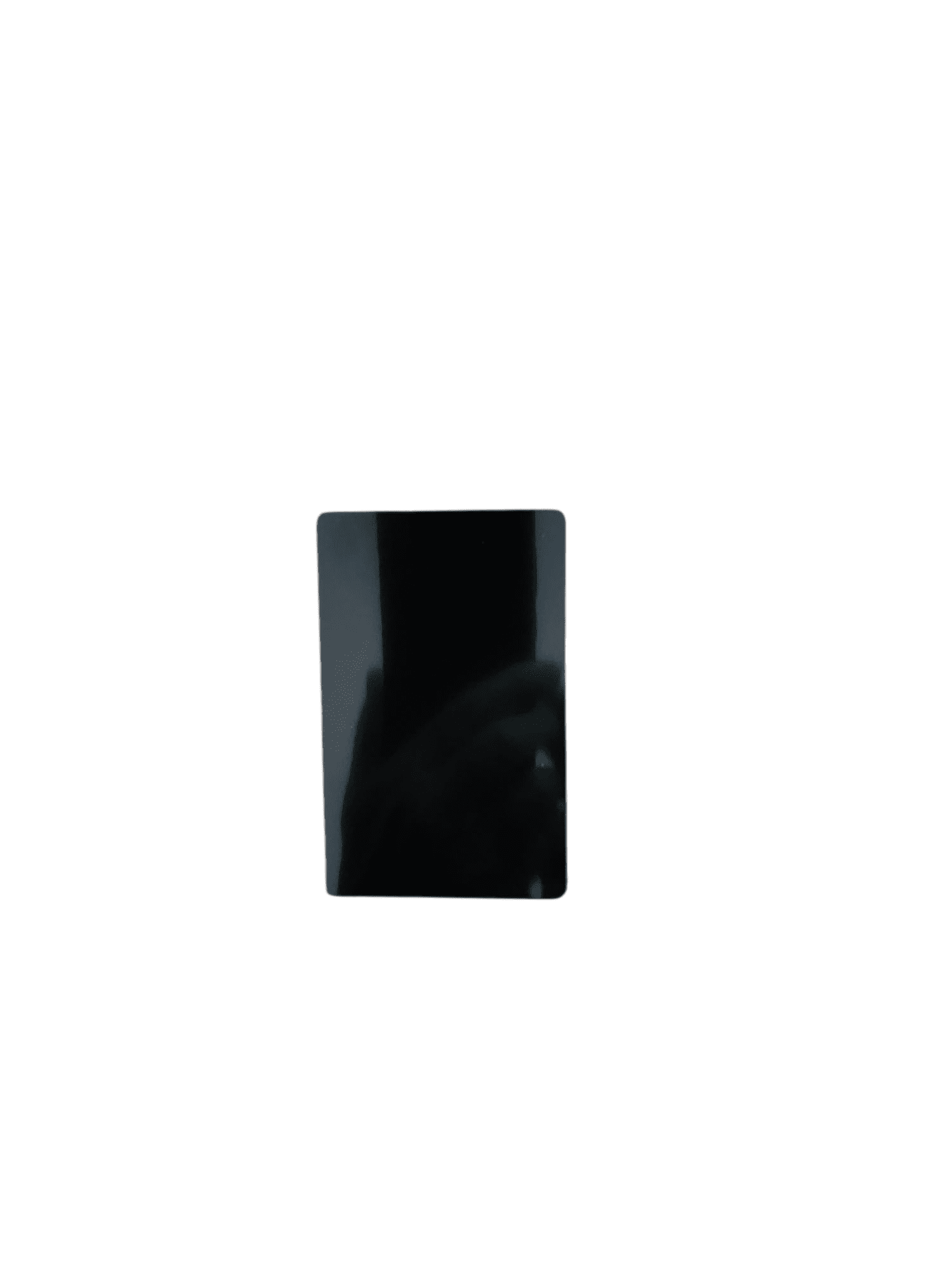 A sleek black smartphone with a reflective screen on a white background.