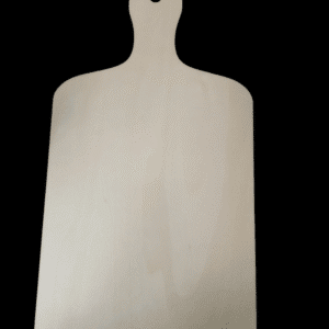A wooden cutting board with a handle on a black background.