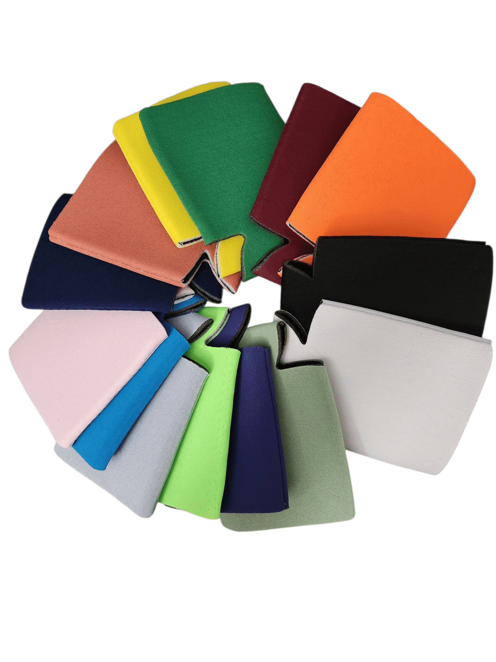A colorful fan of assorted leather wallets arranged in a circle.