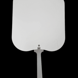 A plain white paddle with a black handle against a white background.