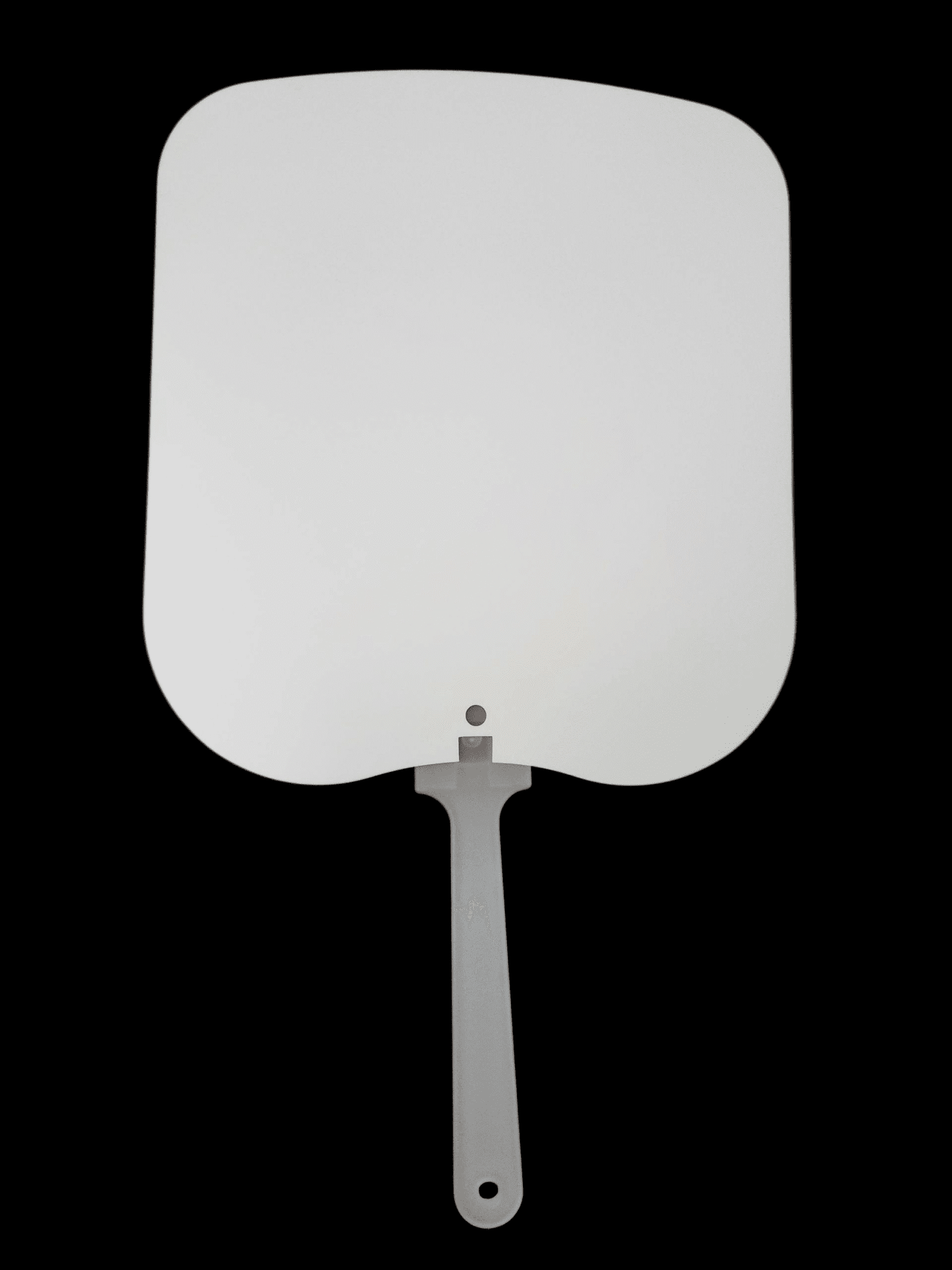 A plain white paddle with a black handle against a white background.