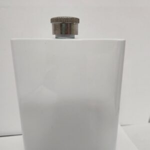A white flask with a metallic cap on a white surface.