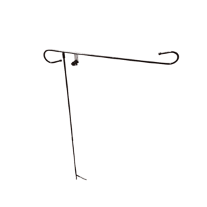 Metal garden stake with a long arm and hooks for hanging items.