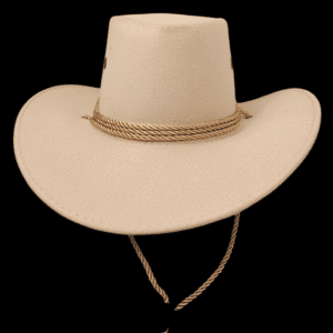 Beige cowboy hat with a chin strap.