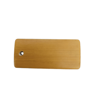 Rectangular wooden cutting board with a hole for hanging.