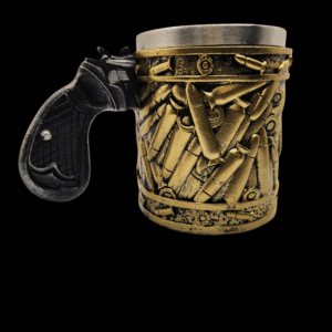 A brass revolver-shaped mug filled with bullet casings.
