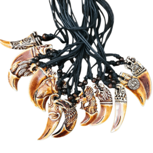 Collection of claw-shaped pendants on black cords.