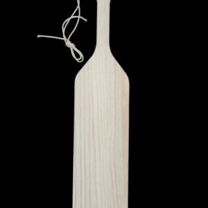 A wooden paddle with a handle and a string loop.