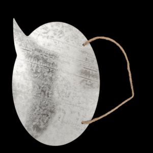 A metallic, oval-shaped face mask with an attached leather strap.