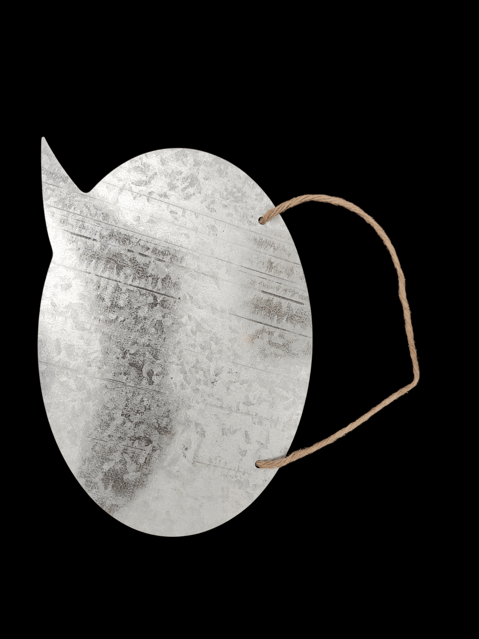 A metallic, oval-shaped face mask with an attached leather strap.