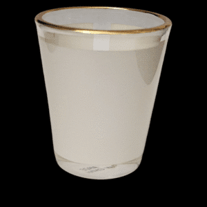 Elegant white ceramic cup with gold trim on rim and base.