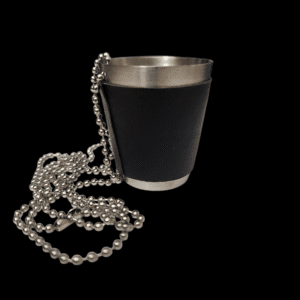 A small metallic cup with a black exterior attached to a silver ball chain.
