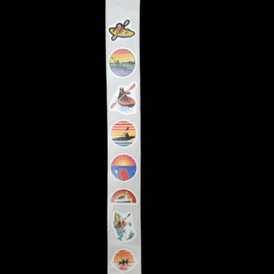 A vertical collection of colorful circular stickers with nature and landscape themes.