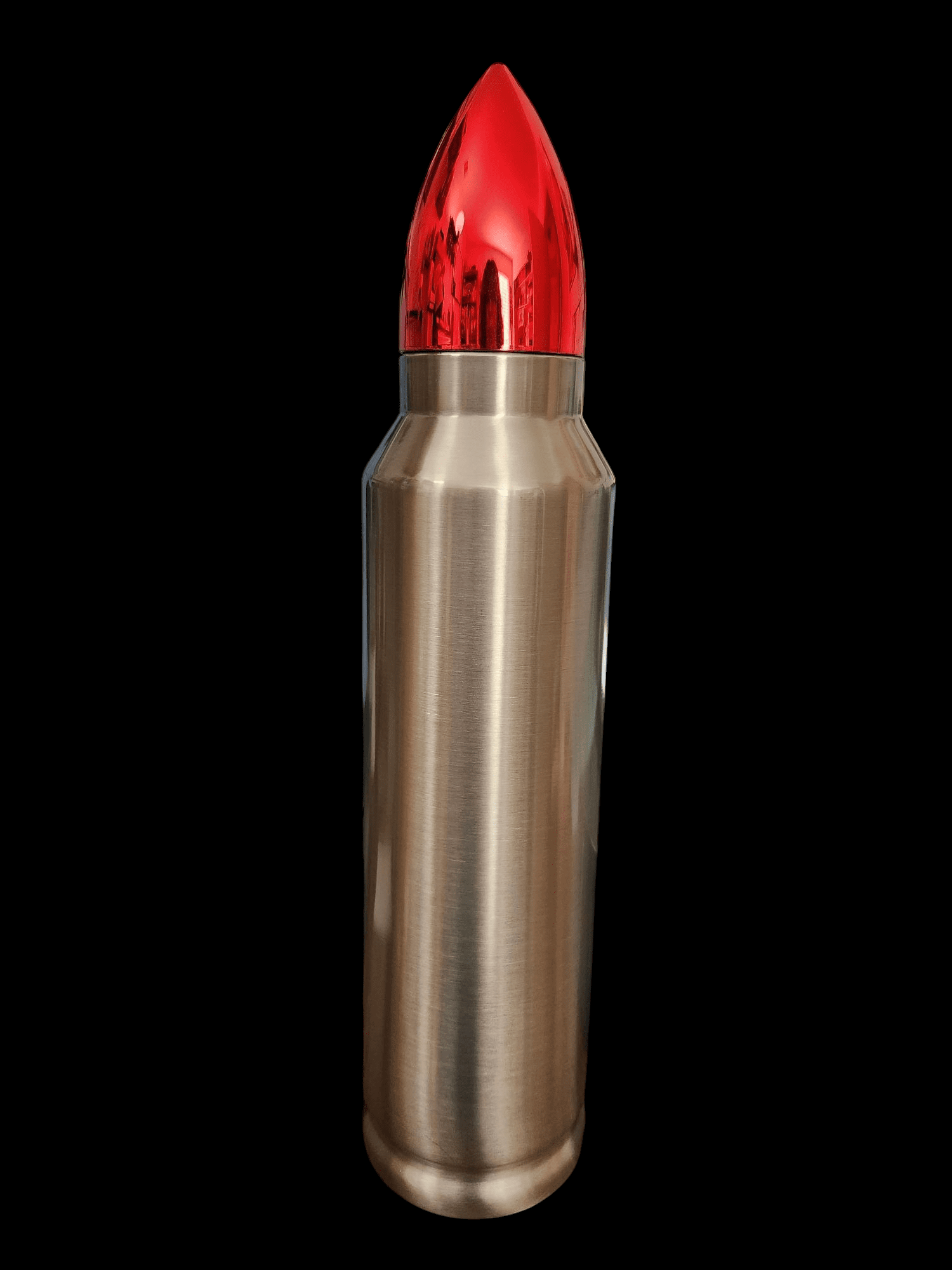 A silver lipstick tube with a red lipstick tip against a black background.
