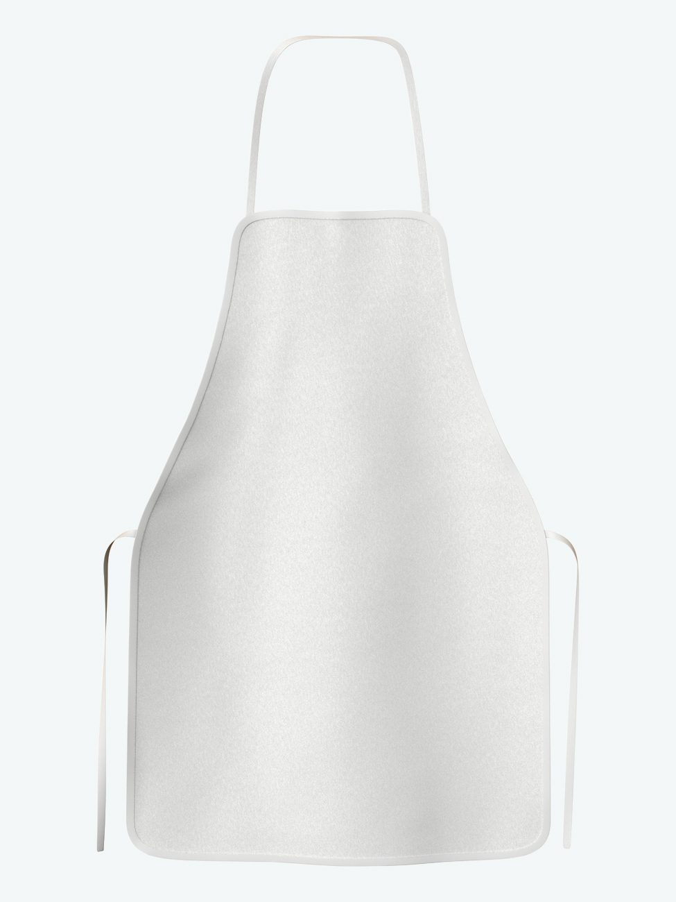 Plain white apron with neck and waist ties.