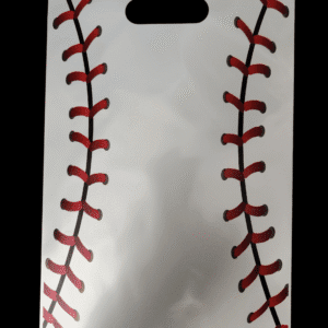 Plastic bag designed with red baseball stitching pattern.