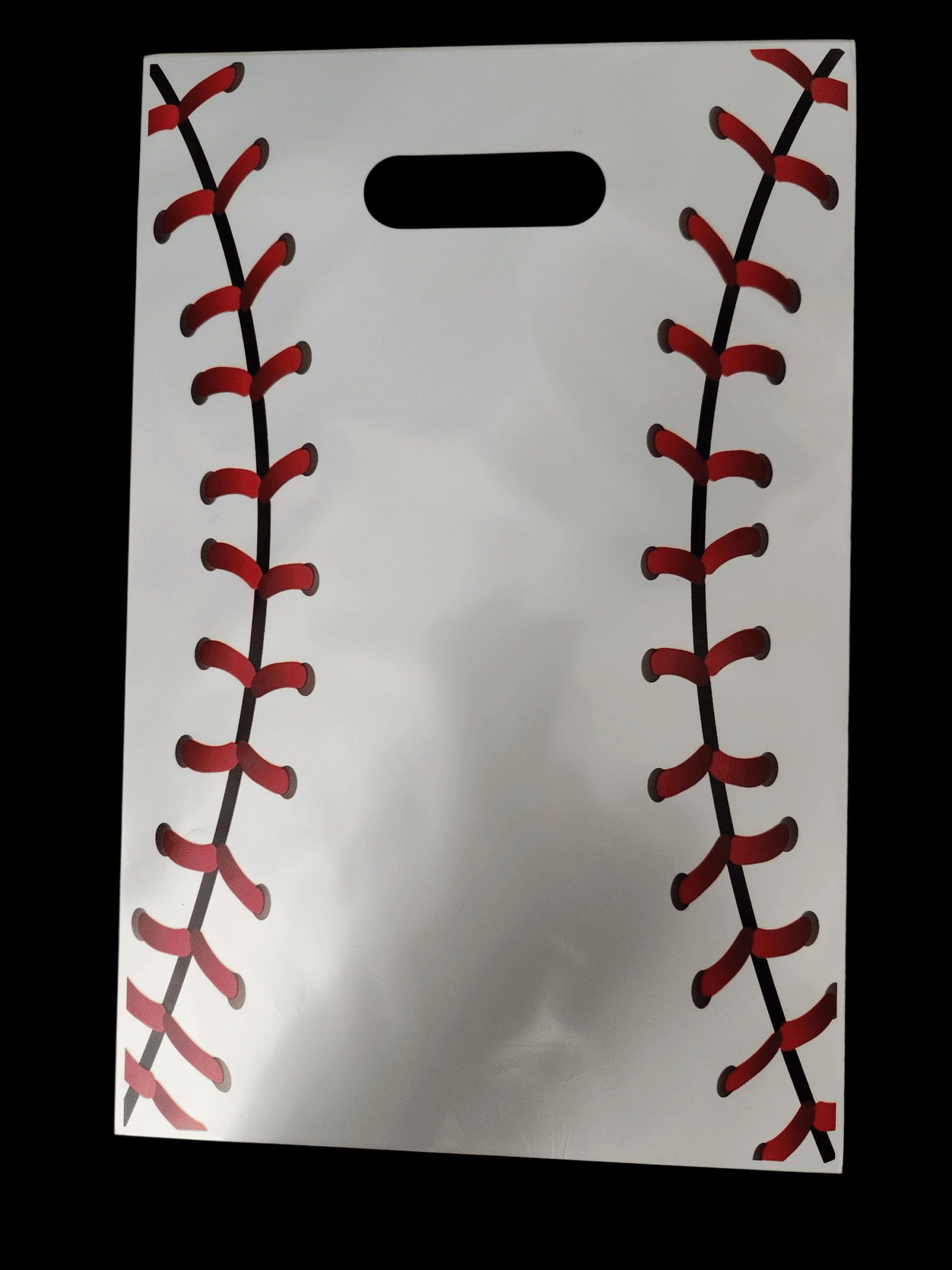 Plastic bag designed with red baseball stitching pattern.