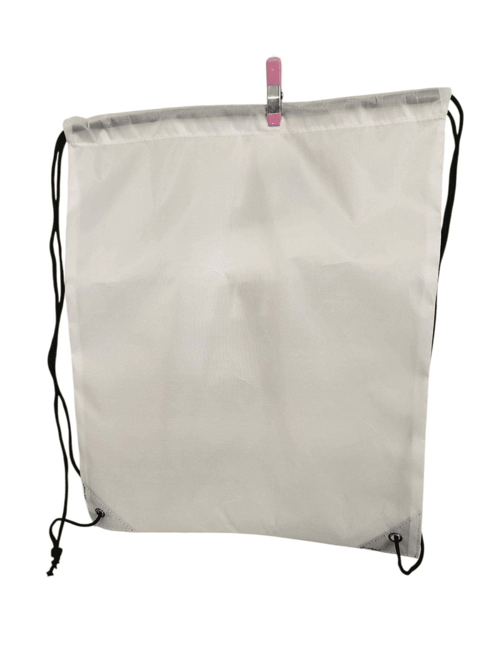 A beige drawstring backpack with black cords and a small red tag.