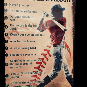 Inspirational baseball-themed motivational poster with a player and success tips.