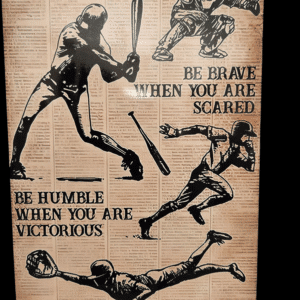 Vintage sports illustration with motivational quotes about bravery and humility.