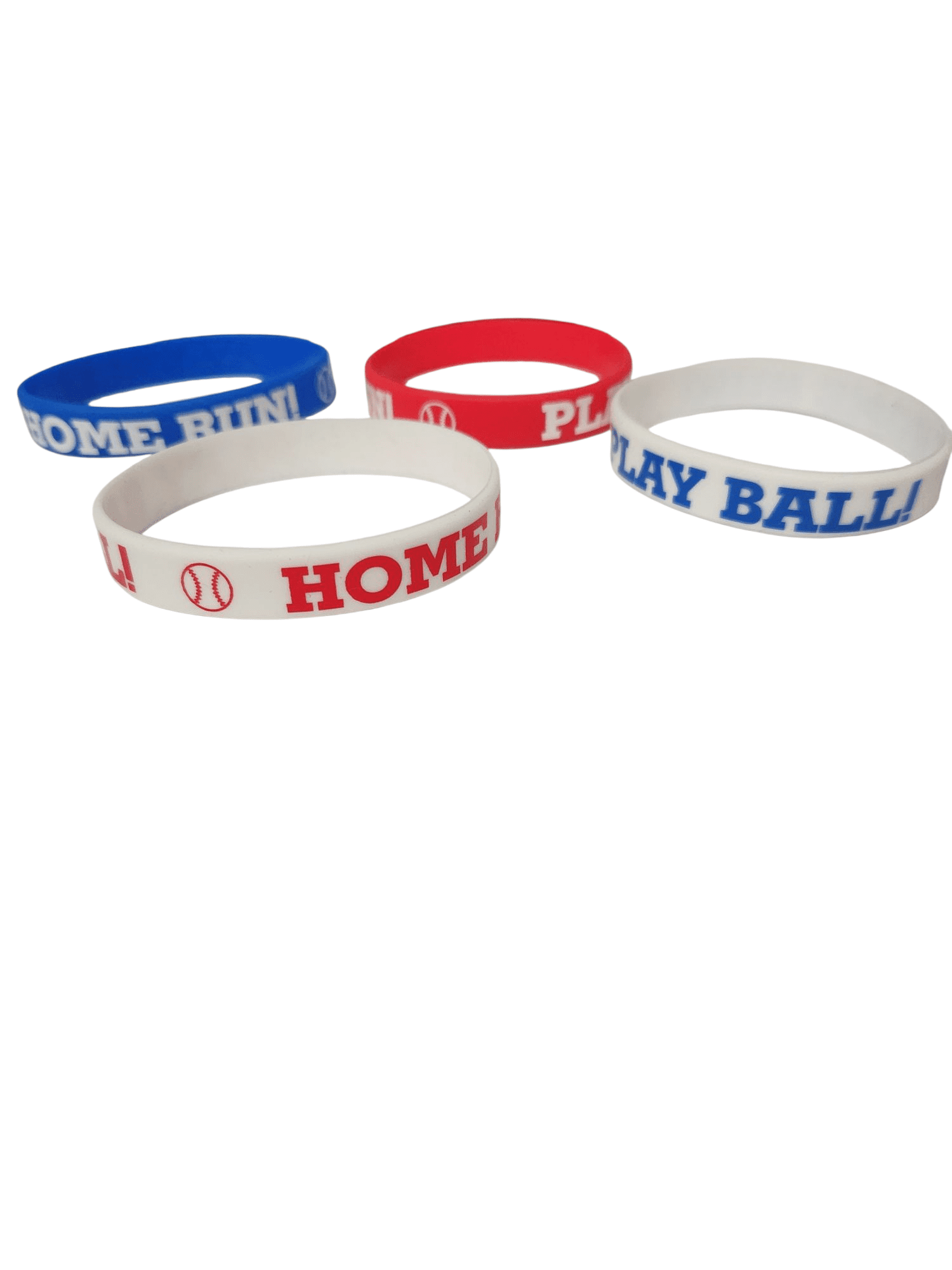 Set of colorful silicone wristbands with playful text.
