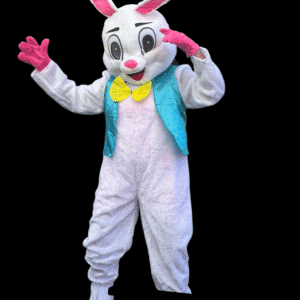 Person in a white bunny costume with a blue vest and yellow bow tie.