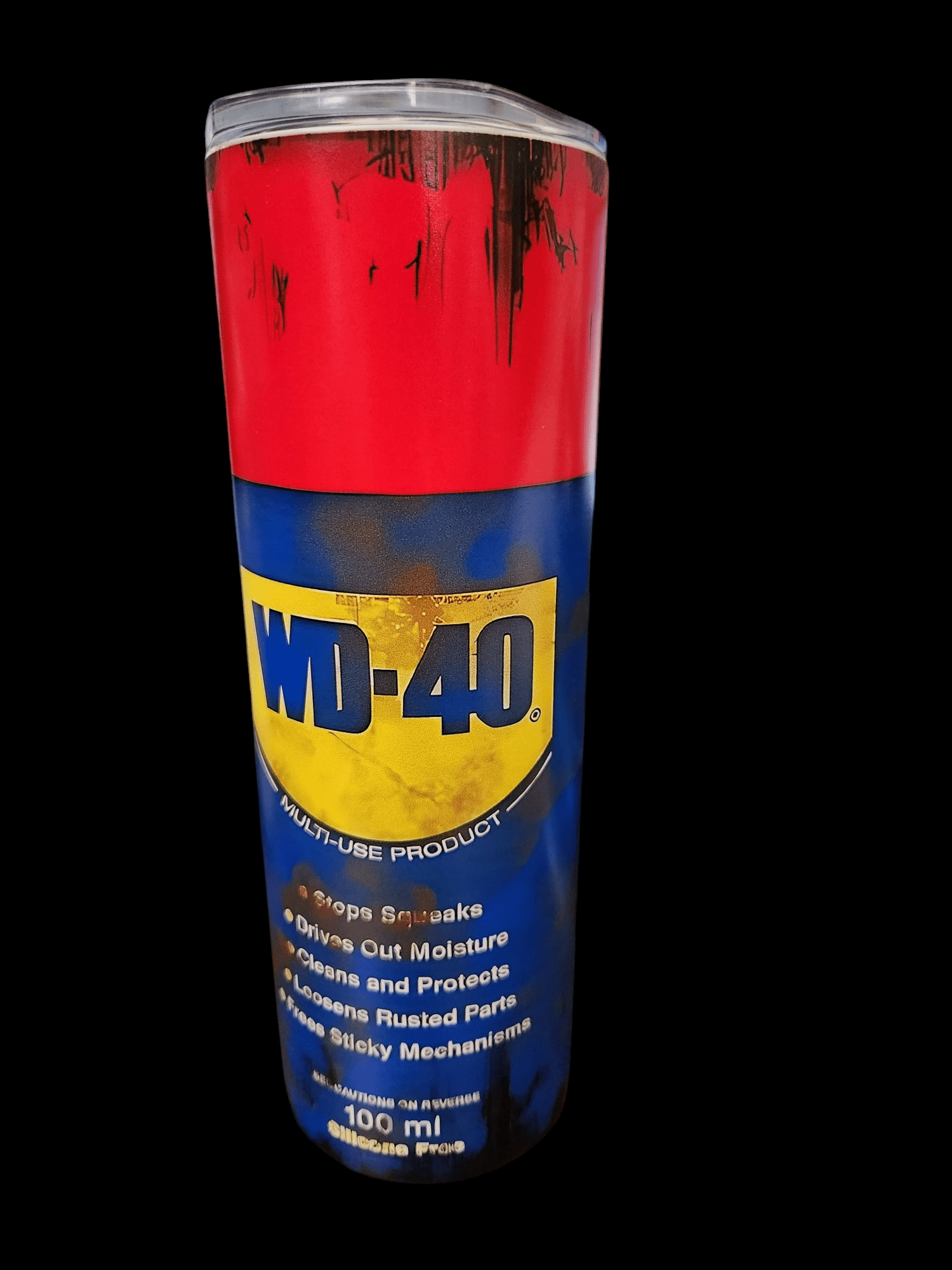 A red and blue WD-40 spray can against a black background.
