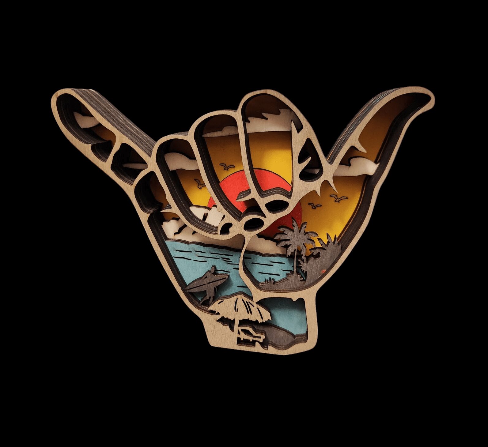 A stylized shaka hand symbol featuring a sunset and ocean scene.