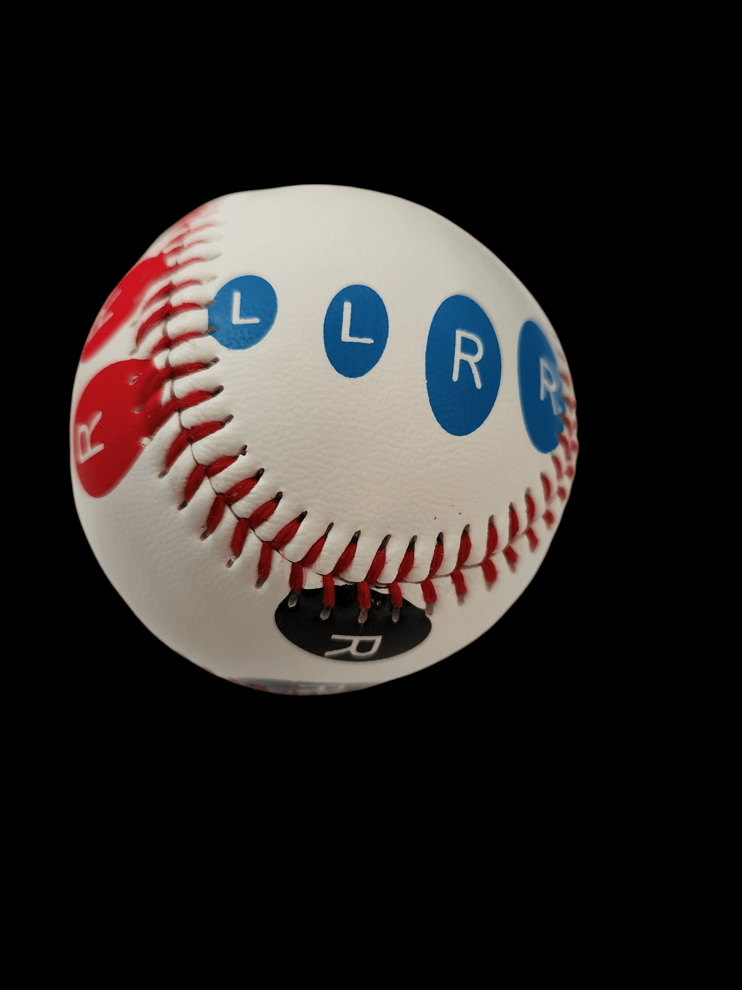Baseball with blue stickers labeled L, L, R, R and a red stain.