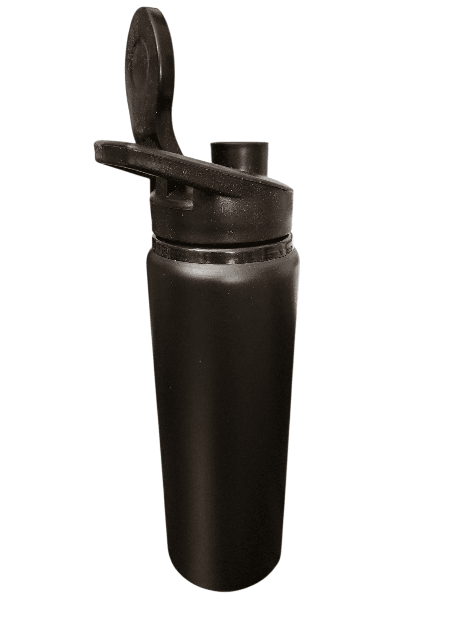 Sleek black reusable water bottle with a flip-top lid.