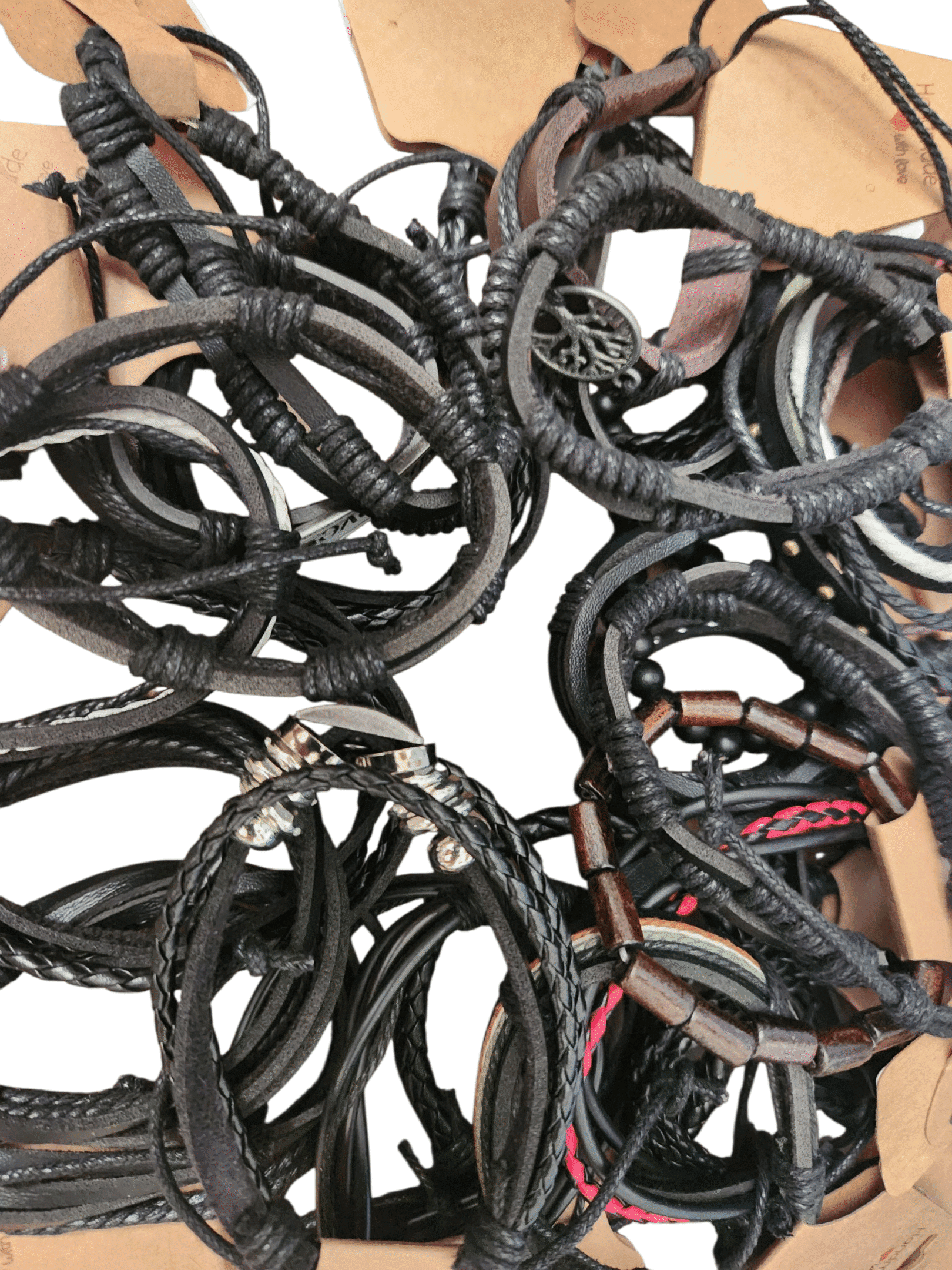 A tangled pile of black electrical cables with connectors.