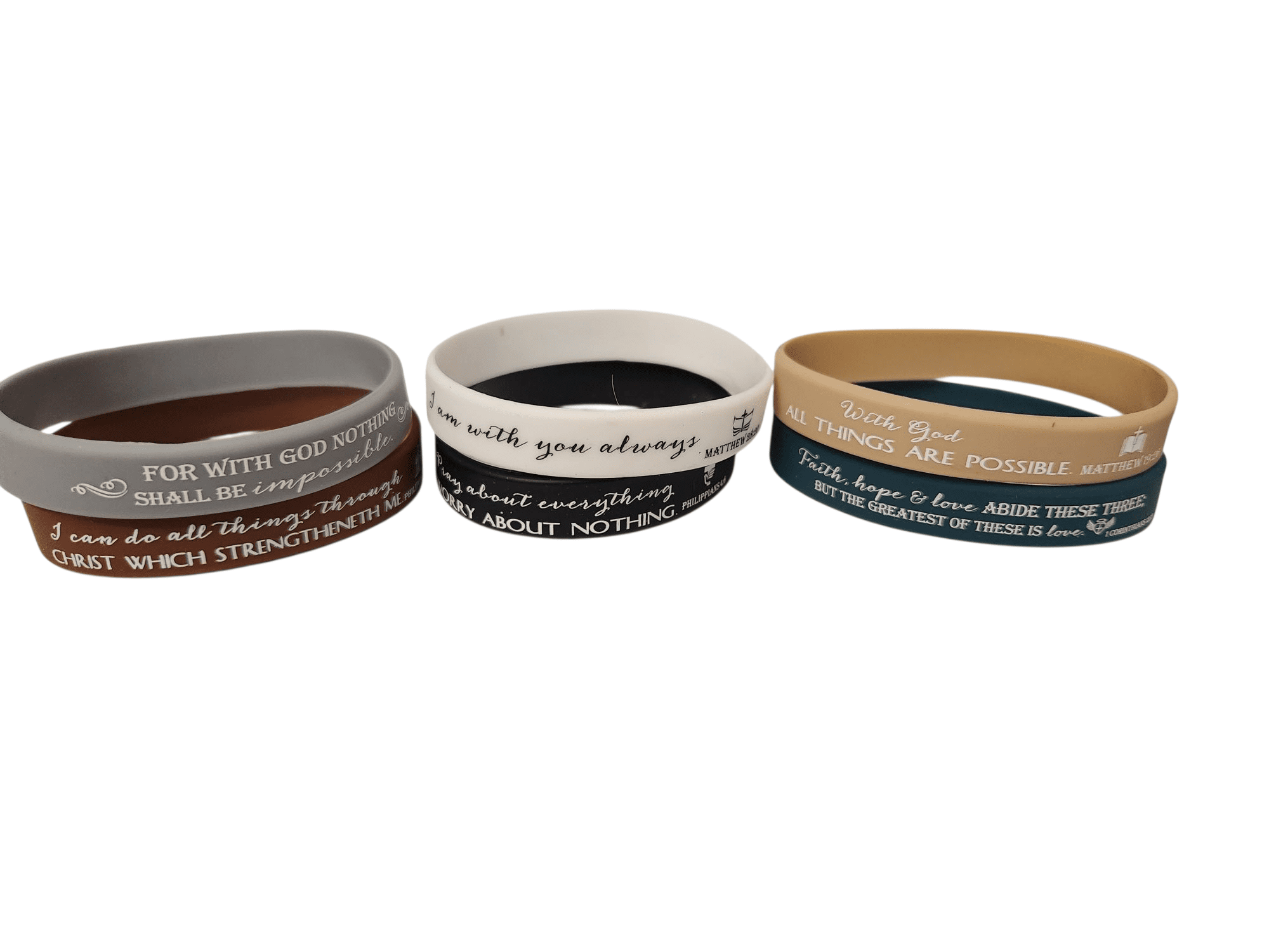Three motivational text wristbands in brown, white, and teal colors.