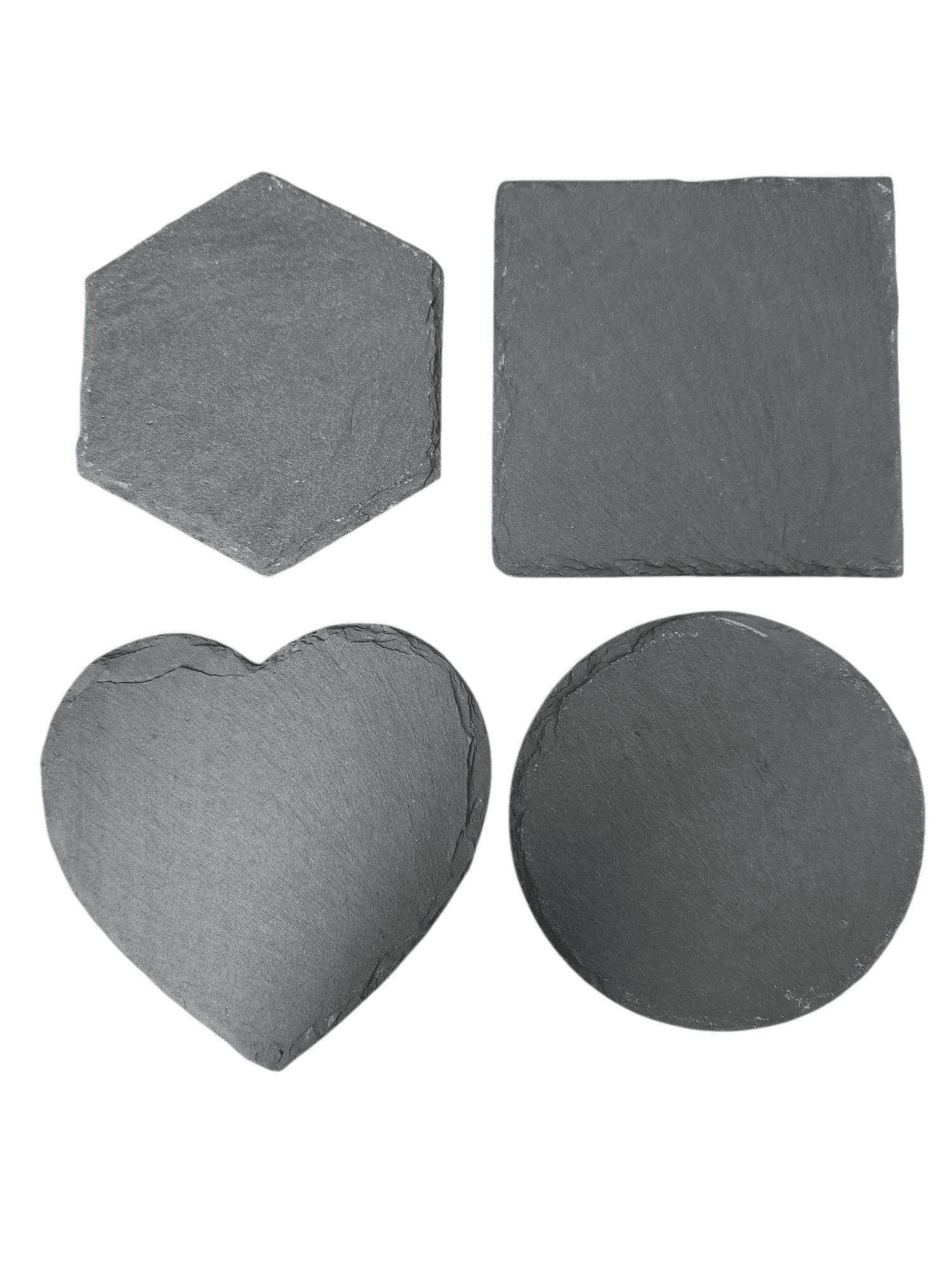 Four gray soap bars in different shapes: hexagon, square, heart, and circle.