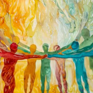 Abstract painting of colorful human figures holding hands in unity.