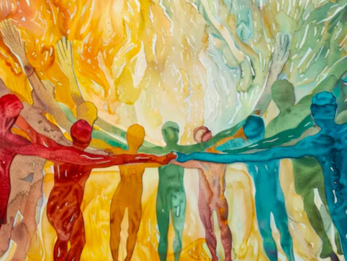 Abstract painting of colorful human figures holding hands in unity.